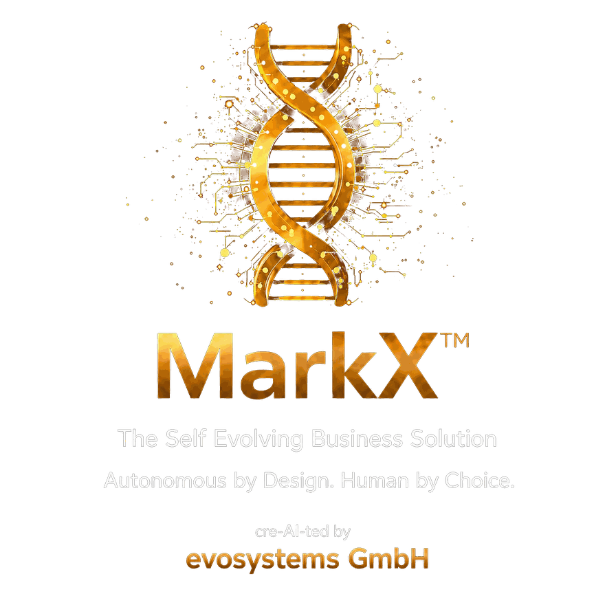 MarkX™ Logo – goldene DNA-Helix mit dem Claim „The Self Evolving Business Solution“